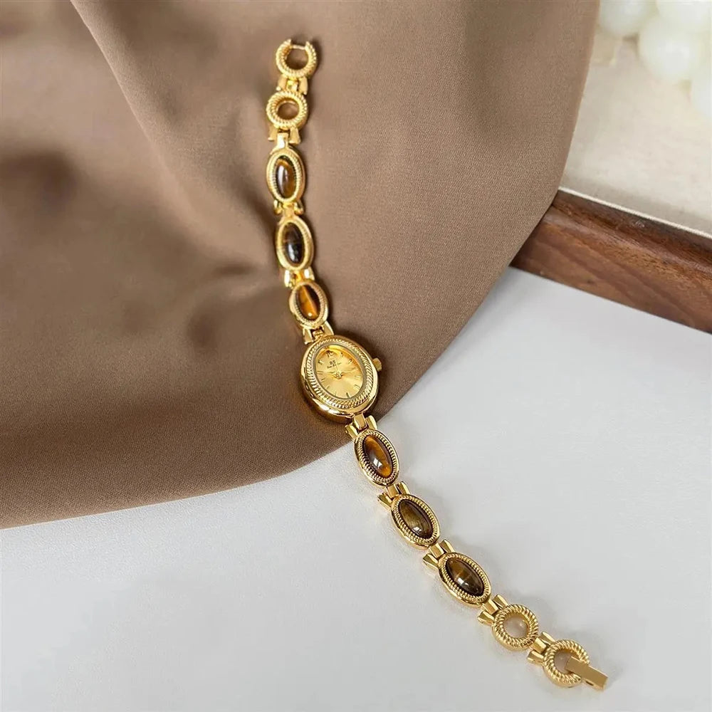 luckacco women's gold watch vintage brown jade bracelet small dial quartz daily wear party clock luxury waterproof ladies watches gifts