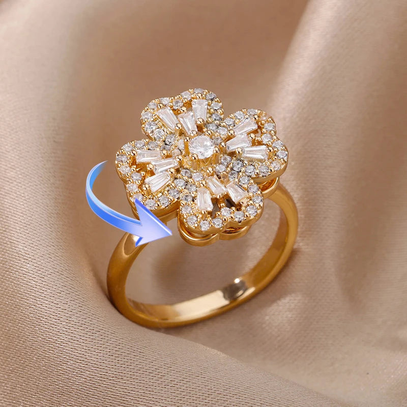 luckacco four clover rotating anxiety rings for women gold color adjustable stainless steel wedding ring aesthetic jewelry gift anillos