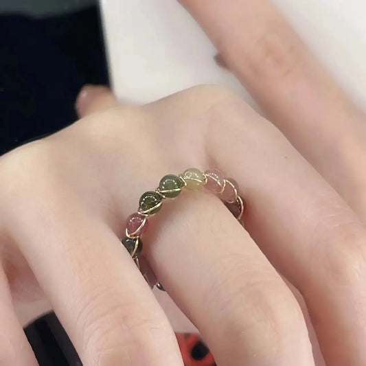 Luckacco Fashion Retro Handmade Metal Wire Winding Beaded Natural Stone Rainbow Tourmaline Ring Open Adjustable Ring Female Charm Jewelry