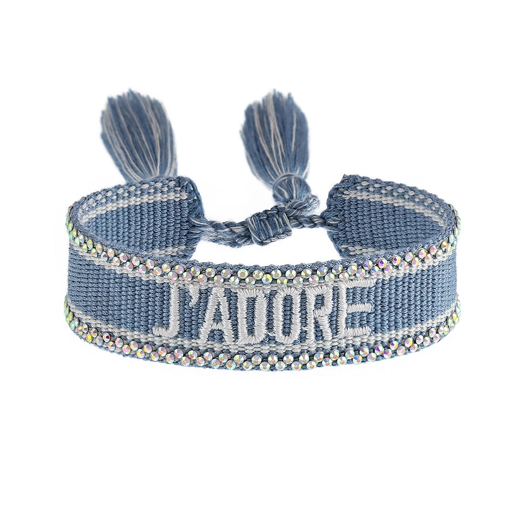 luckacco rhinestone embroidery woven bracelets adjustable rope stackable bangle for women