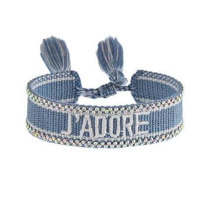 Luckacco Rhinestone Embroidery Woven Bracelets Adjustable Rope Stackable Bangle For Women