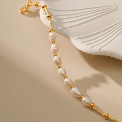 Luckacco Fashion Freshwater Pearl Gold Plated Beaded Bracelet for Women Natural Pearls with Link Chain Bracelet Bangles Charm Jewelry