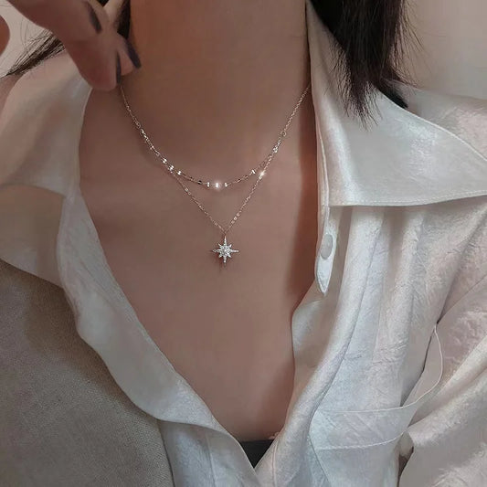 Luckacco Hot Sale 925 Sterling Silver Star Double Layer Necklace Charm Moon Pendant Choker For Women Birthday Gift Beautiful Accessories