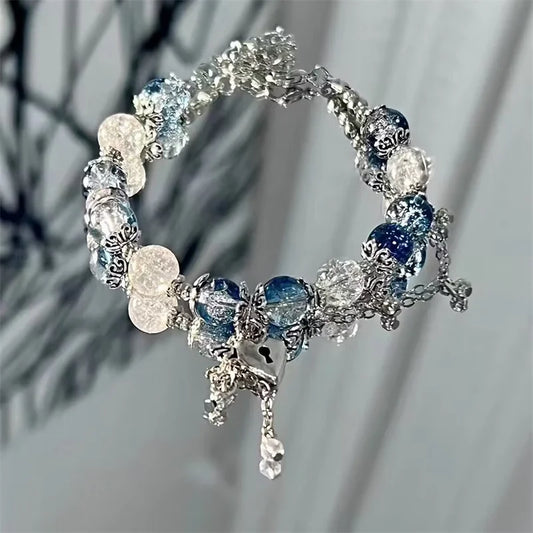 Luckacco Niche Design Starfish Chain Tassel Bracelet for Women Fantasy Gradient Blue Crystal Beads Elastic Rope Bracelet Student Jewelry