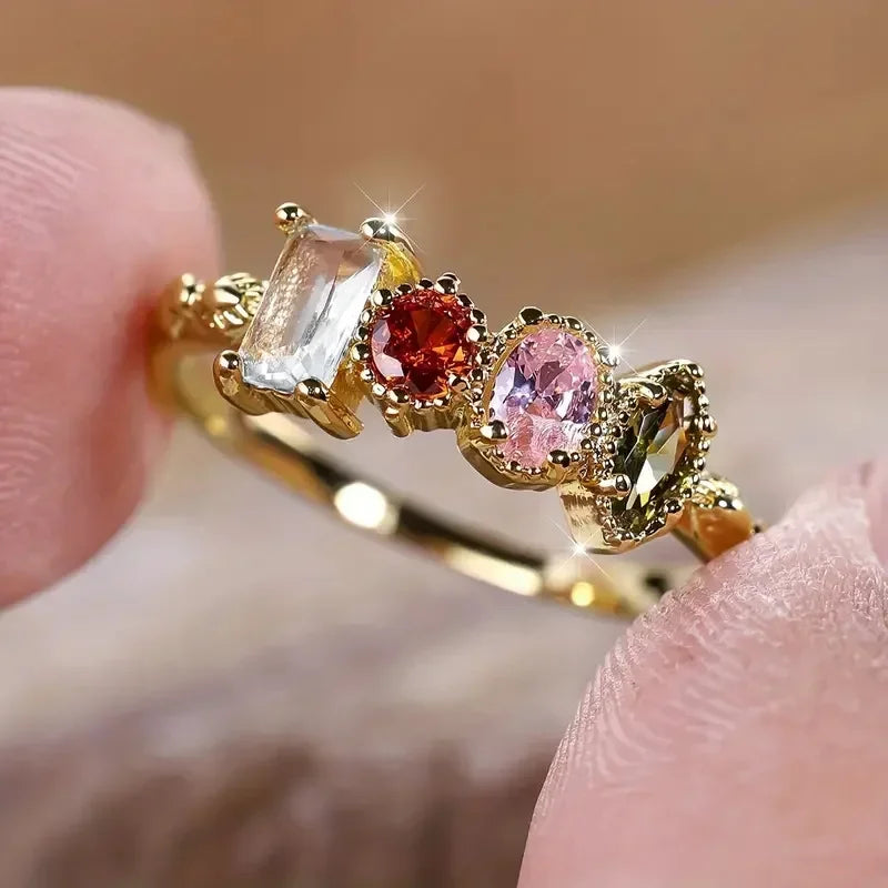 luckacco 2025 new high end personalized geometric ring light luxury style simple and colorful zircon fashion elegant jewelry