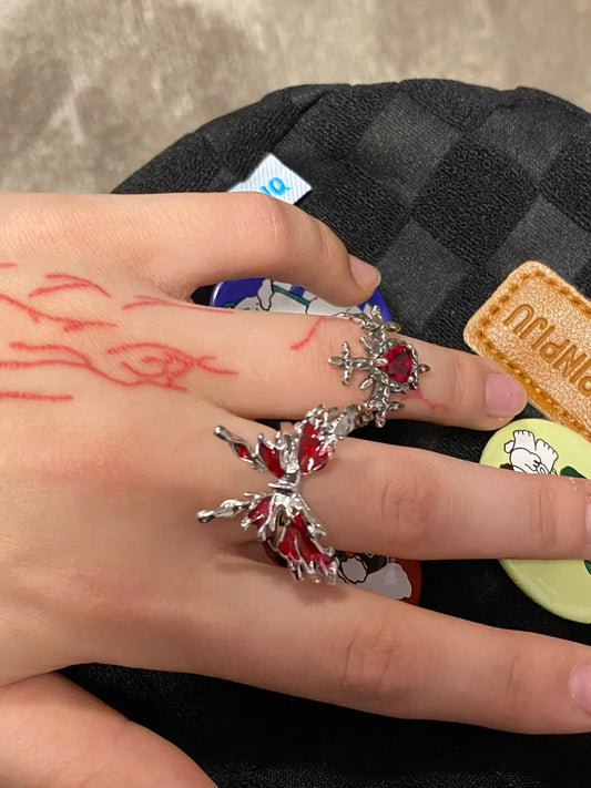 Luckacco Goth Punk Retro Red Crystal Love Heart Cross Geometry Irregular Open Ring Set Y2K Halloween Accessories For Women Kpop Jewelry