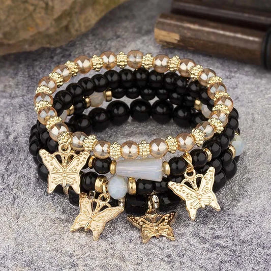 Luckacco 4Pcs Trendy Butterfly Beaded Bracelet Set For Women Pink Acrylic Beads Elastic Chain Bangle Female Bohemian Party Jewelry Gift
