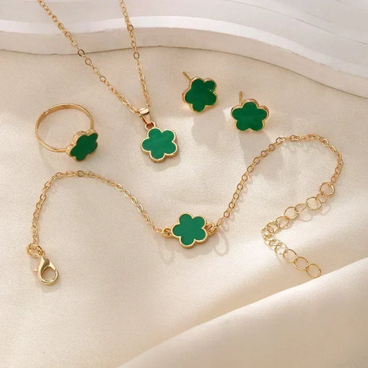 Luckacco Lucky Five-petal Flower Clover Earrings Necklace Ring Bracelet Four-piece Set for Woman Fashionable Accessories Party Jewelry