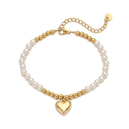 Luckacco NEWBUY High Quality Non-Fading Stainless Steel Jewelry Trendy Gold Color Heart Pearl Charm Bracelet For Women Gift