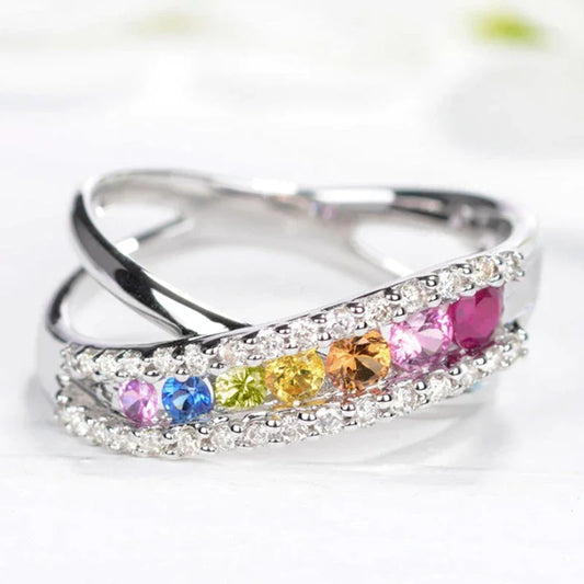 Luckacco Rainbow Cubic Zirconia Cross Rings for Women Newly Designed Wedding Engagement Accessories Silver Color Trendy Jewelry