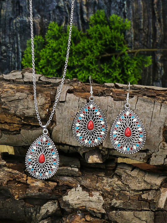 Luckacco Ethnic Feng Shui Droplet Hollow Colored Glazed Earrings for Women Bohemian Vacation Short Necklace Jewelry Set