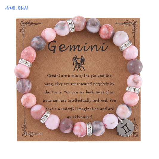 Luckacco MHS.SUN 12 Star Zodiac Sign Pink Zebra Stone Beaded Bracelets Constellation Fashion Birthday Party Jewelry For Women Men