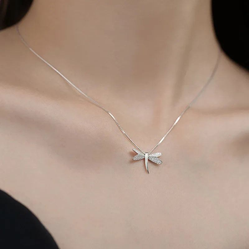 luckacco 925 sterling silver necklace rose gold color dragonfly clear cz elegant for women girl jewelry gift