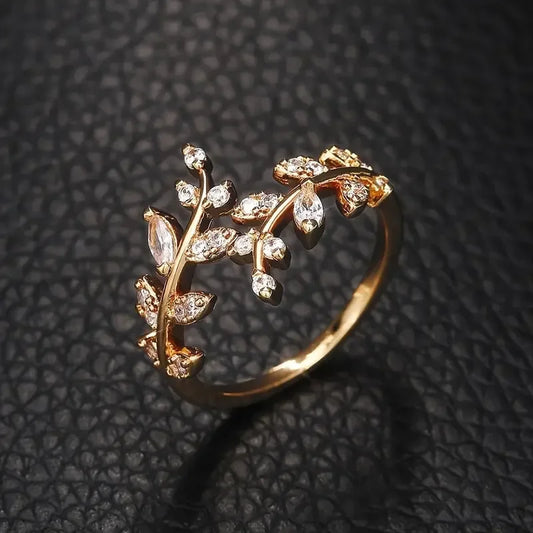 Luckacco Leaf Shape Design Adjustable Opening Rings for Women Sparkling Cubic Zirconia Olive Ring Party Daily Wear Fashion Jewelry