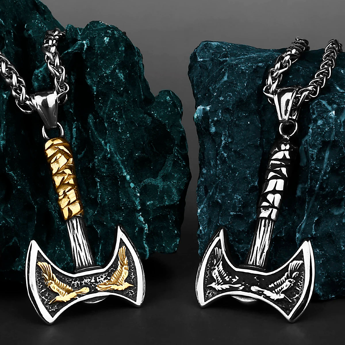 luckacco viking odin raven huginn and muninn double axe titanium steel stainless steel necklace pendant men's scandinavian jewelry gift