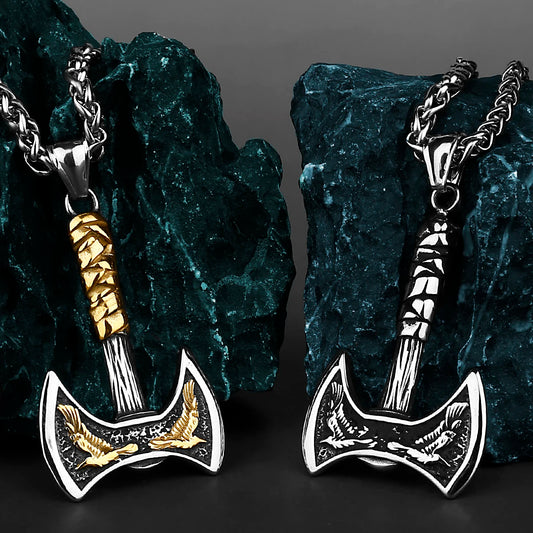 Luckacco Viking Odin Raven Huginn and Muninn Double Axe Titanium Steel Stainless Steel Necklace Pendant Men's Scandinavian Jewelry Gift