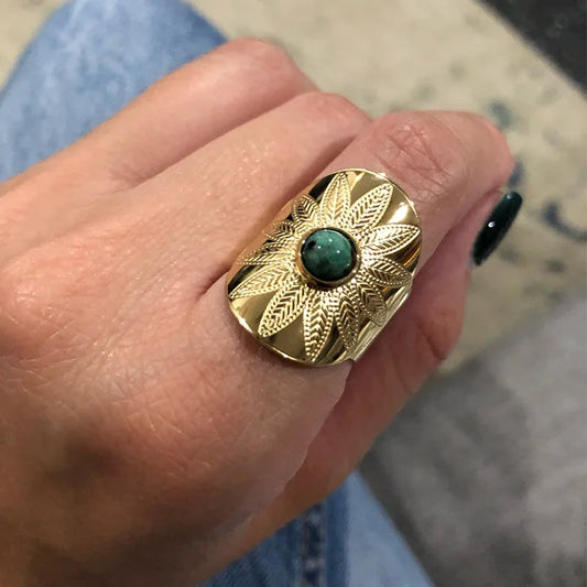 Luckacco Vintage Turquoise Wide Ring for Women Gold Color Stainless Steel Wheat Ear Adjustable Open Ring Fashion Party Jewelry Gift