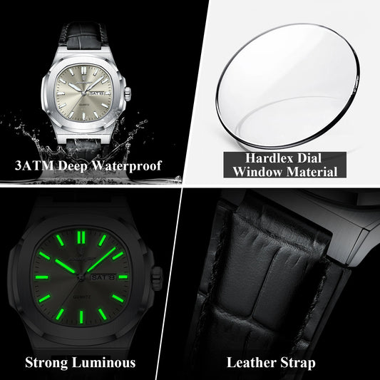 Luckacco POEDAGAR High Quality Watch For Men Luxury Luminous Waterproof Week Calendar Man Clock Leather Square Men's Quartz Watches Reloj