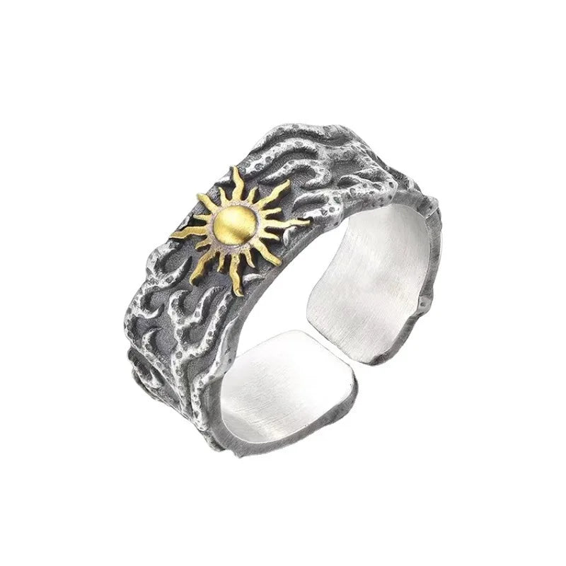 luckacco retro golden sun ring for men silver color punk gothic trendy open ring handmade designer jewelry unisex accessories lovers gift