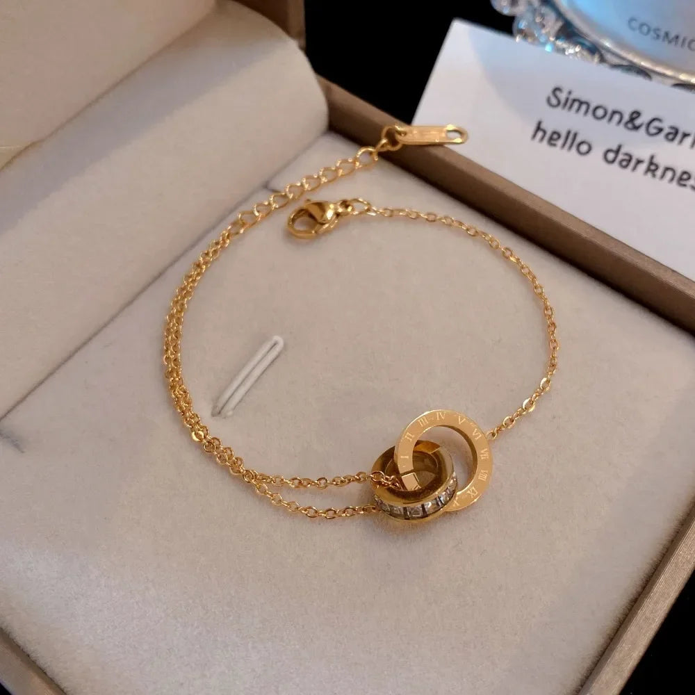 luckacco personality roman numeral double ring cross zircon bracelet for women korea fashion gold color stainless steel bangle jewelry