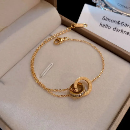 Luckacco Personality Roman Numeral Double Ring Cross Zircon Bracelet for Women Korea Fashion Gold Color Stainless Steel Bangle Jewelry