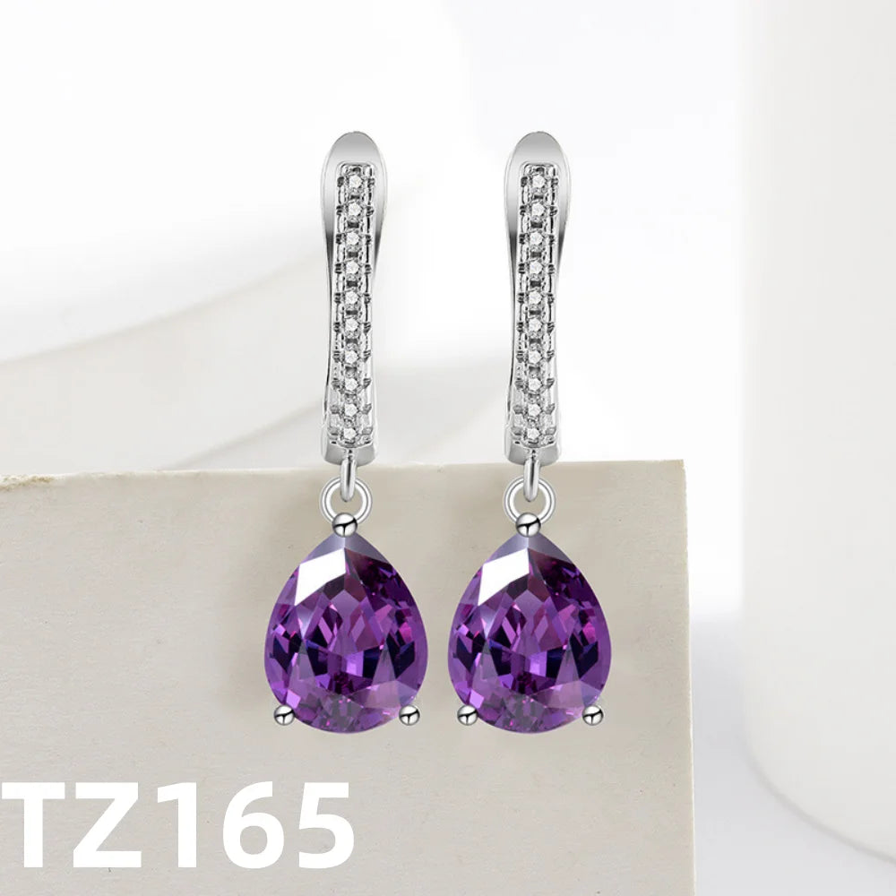 luckacco 925 sterling silver jewelry set inlaid with simulated amethyst zircon, teardrop necklace earrings ring women's elegant jewelry
