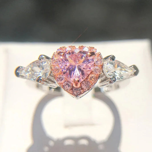 Luckacco Romantic Pink Heart shaped Ring for Female Cubic Zirconia Bridal Wedding Party  with Minimalist Fashion Jewelry Accessories