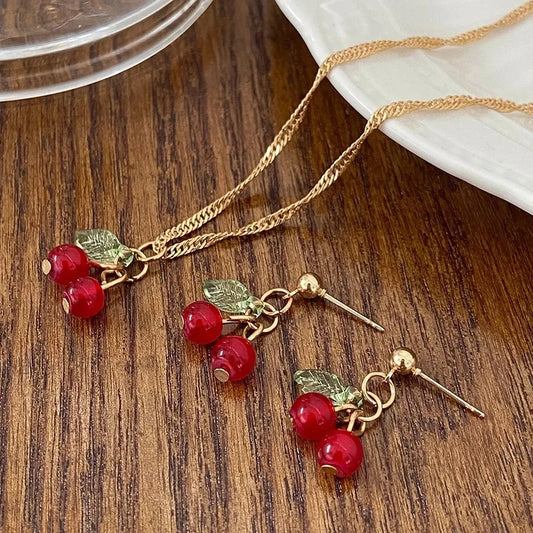 Luckacco Chic Red Cherry Necklace Dangle Earring Set Gold Color Chian Cute Pendant Charming 2 PCS Jewelry Set For Women