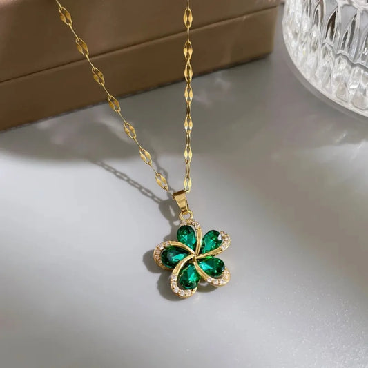 Luckacco DIEYURO 316L Stainless Steel Green Zircon Flowers Pendant Necklace For Women New Luxury Girls Lucky Chain Birthday Jewelry Gifts