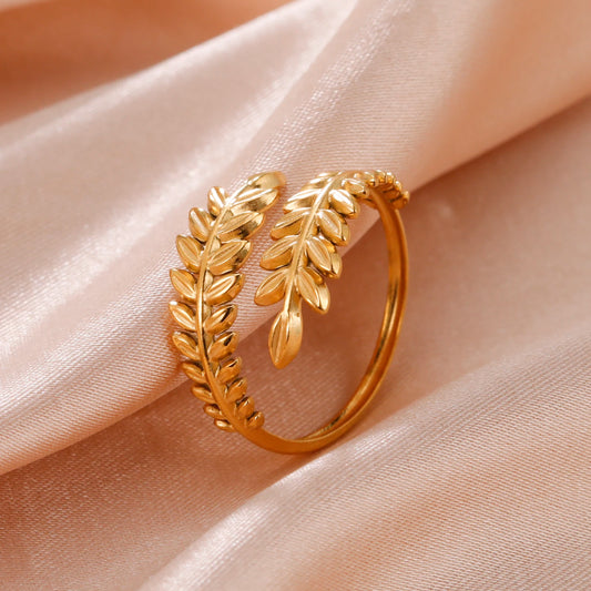 Luckacco Skyrim New In Wheat Ears Leaf Ring Boho Stainless Steel Gold Color Open Women Rings 2025 Trendy Jewelry Valentine Gift