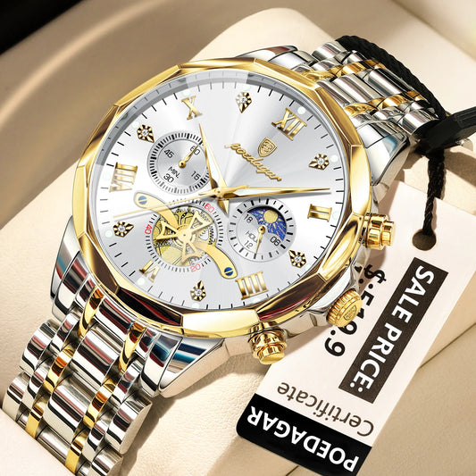 Luckacco POEDAGAR Luxury Men Watch Top Original Waterproof Luminous Chronograph Man Wristwatch Stainless Steel Quartz Men's Watches Reloj