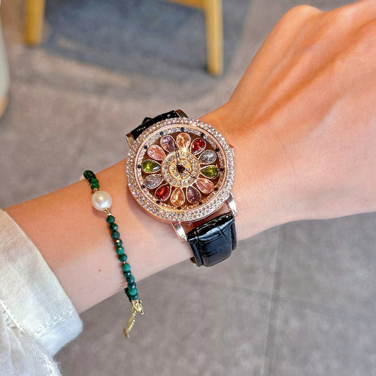 Luckacco 1pc Dazzling And Fashionable Women's Quartz Watch With Colorful Rhinestone Inlay, Featuring An Alluring Rotatable Dial, Durable