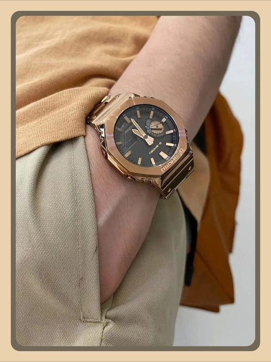 Luckacco Digital Sports Electronic Unisex Watch Full Function LED Alloy Large Dial World Time Steel Strap GMB Oak Series