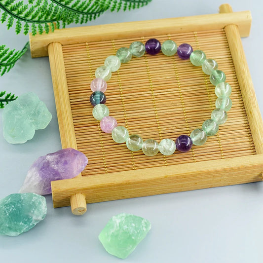 Luckacco Fluorite Bracelet with Natural Stones 6 8 10mm Beads Charm Jewelry for Women Amethyst Crystal Agates Beads Energy Healing Bangle