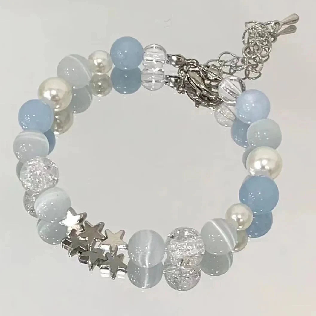 luckacco harajuku pentagram pearl beaded bracelets for women 2023 korean aesthetic cute star blue glass ball bracelets y2k jewelry gifts