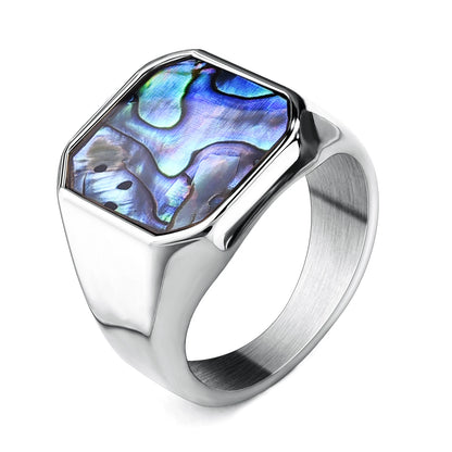 Luckacco Classic Gold Sliver Color Abalone Shells Finger Ring Men Punk Party Smooth Stainless Steel Rings Male Circular Wedding Ring Gift