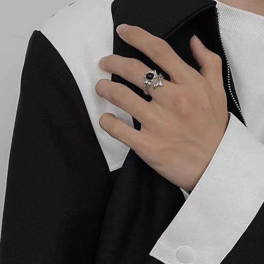 Luckacco Punk Harajuku Goth Thorns Black Silver Color Irregular Heart Cross Open Ring For Women Men Lover Vintage 90s Y2K Grunge Jewely