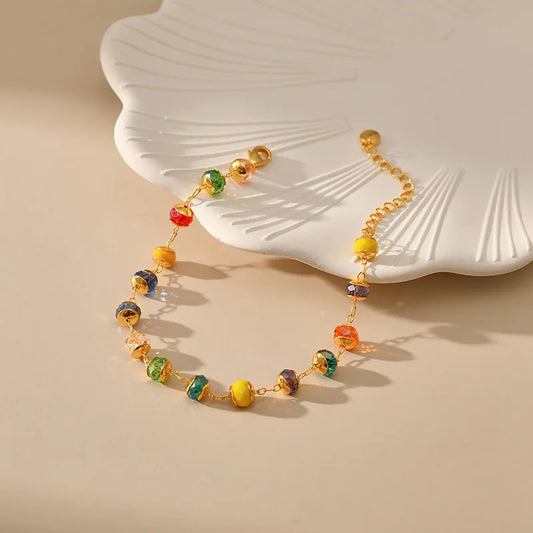 Luckacco Bohemian Multicolour Crystal Beads Bracelet for Women 18k Gold Plated Tourism and Vacation Ethnic Style Jewelry Accessories