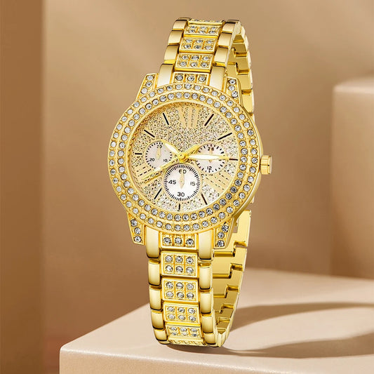 Luckacco Women's Quartz Watch Gold Luxury Women Ring Necklace Earring Rhinestone Fashion Wristwatch Casual Ladies Watches Jewelry Set ﻿