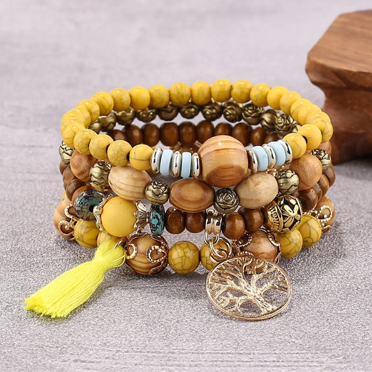 Luckacco Boho Tree Of Life Bracelet Set For Women Fashion Tassels Charm Wooden Beads Elastic Chain Bangle Girl Trendy Party Jewelry