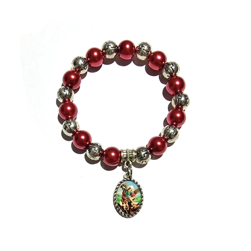 luckacco holy father mother pendant glass pearl beads strand elastic bracelet for men women religious jewelry