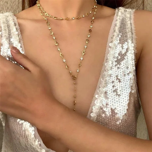 Luckacco Trendy Gold Silver Color Glass Long Y-Shaped Necklace Metal Collarbone Chain Summer Holiday Party Bohemian Body Jewelry Gifts