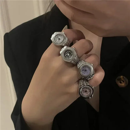 Luckacco Vintage Punk Finger Watch Mini Elastic Strap Alloy Watches Couple Rings Jewelry Clock Retro Roman Quartz Watch Rings Women Men