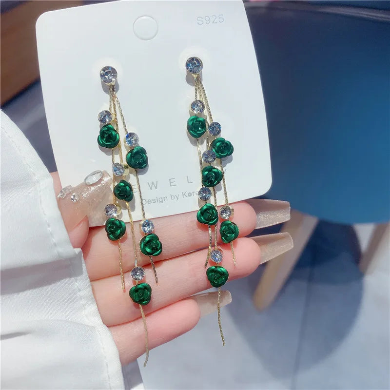 luckacco 2pcs retro style long style diamond inlaid rose earrings for women's daily dating accessories
