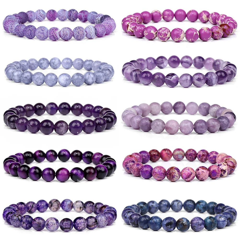 luckacco purple stone bracelet 8mm natural stone fire dragon agates amethysts fluorite jasper beads elastic bracelets for women men