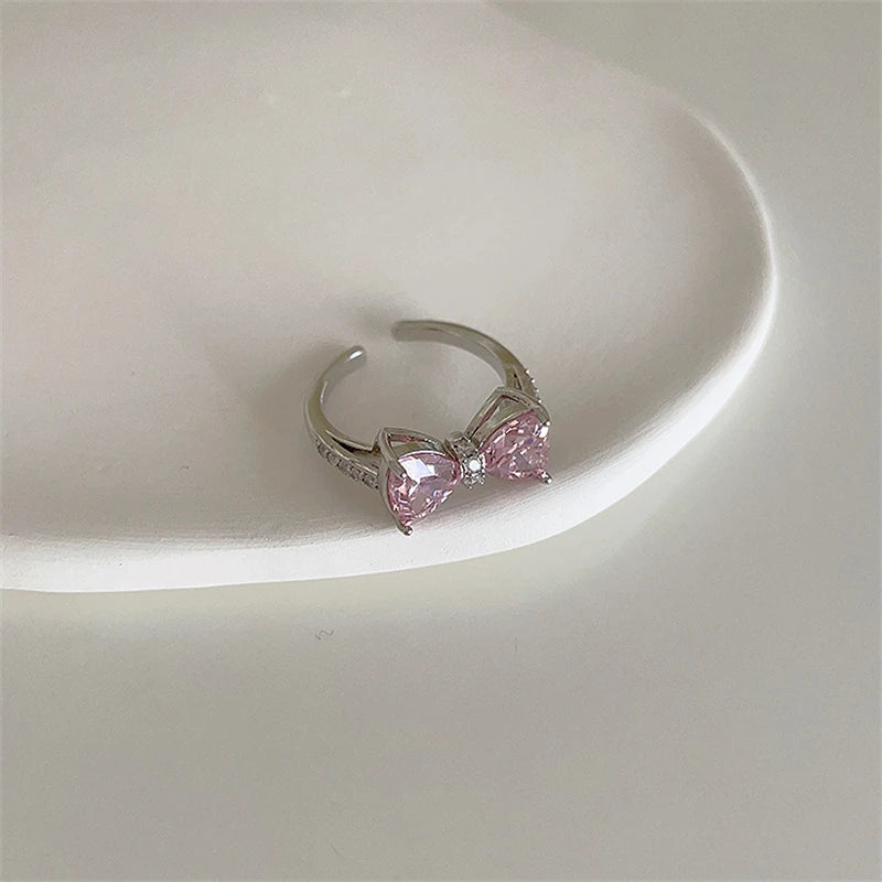 luckacco pink crystal irregular heart rings creative zircon bowknot opal love heart open ring y2k shiny rings for women party jewelry