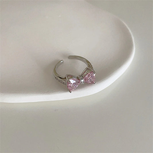 Luckacco Pink Crystal Irregular Heart Rings Creative Zircon Bowknot Opal Love Heart Open Ring Y2K Shiny Rings for Women Party Jewelry