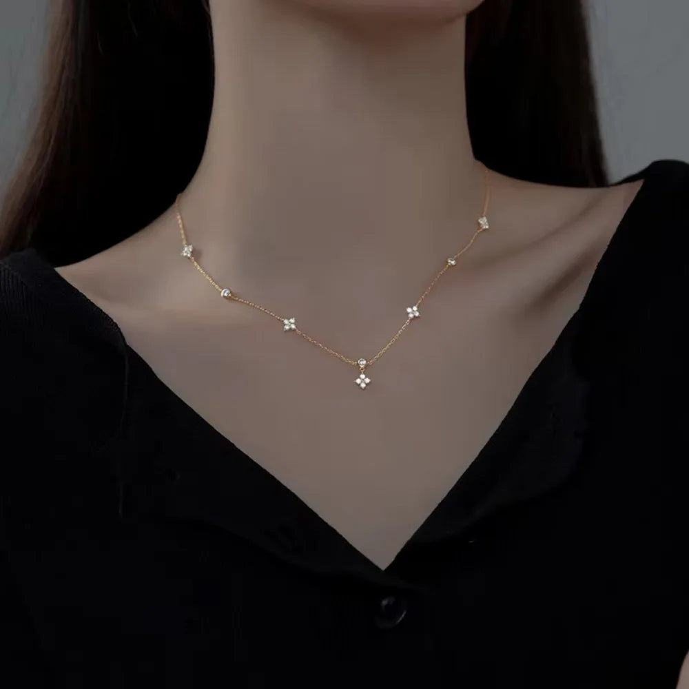 luckacco temperament trend four leaf zircon flower pendant necklaces for women exquisite stainless steel chokers jewelry anniversary gift