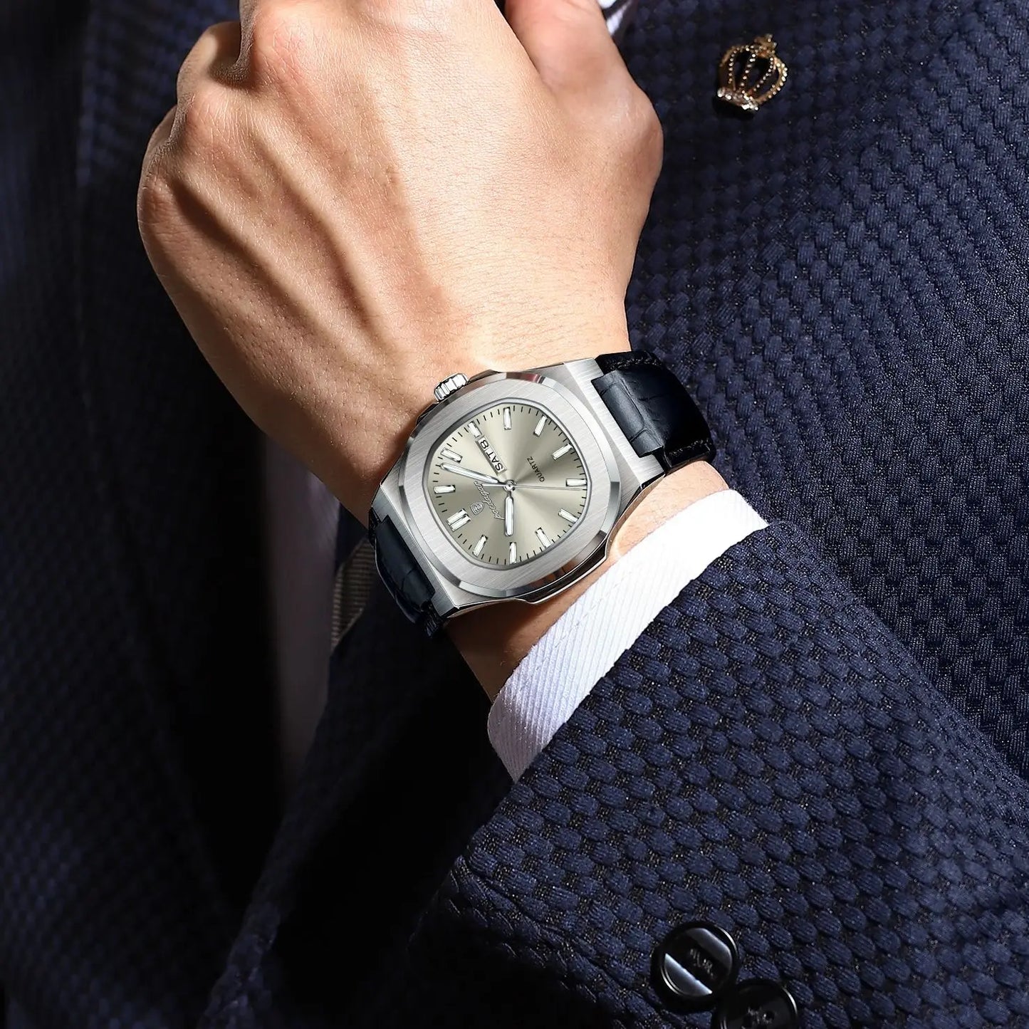 luckacco poedagar high quality watch for men luxury luminous waterproof week calendar man clock leather square men's quartz watches reloj
