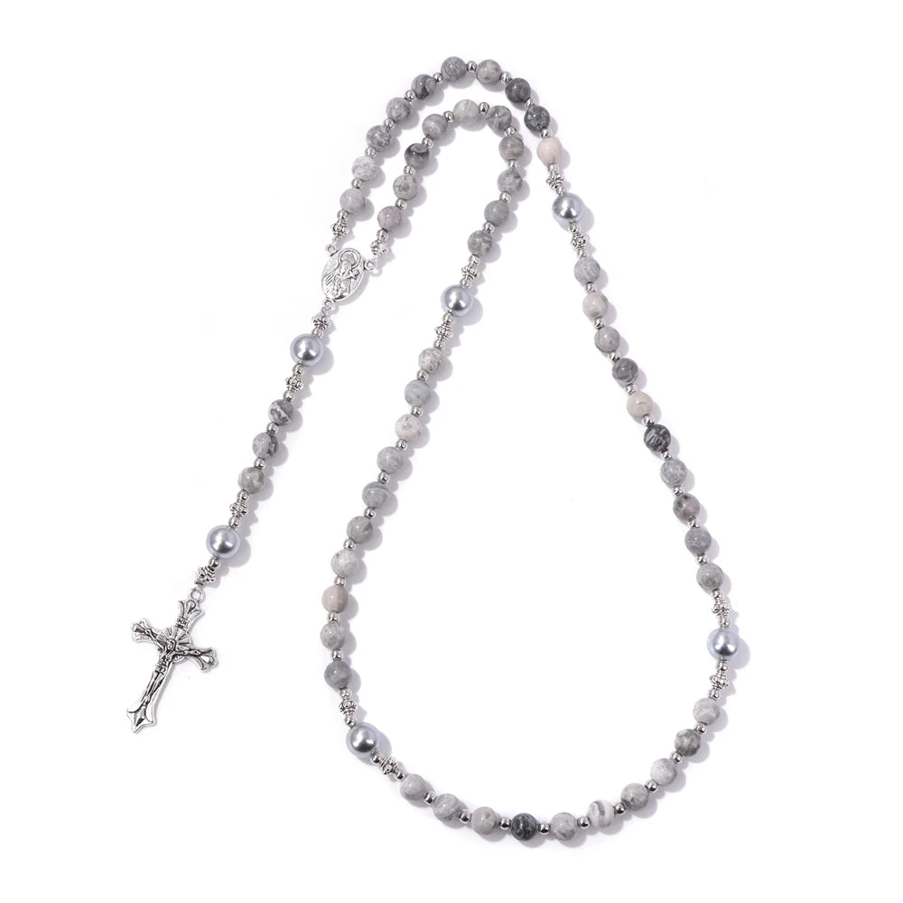 luckacco catholic jesus cross bracelet men religious prayer rosary bangle 50cm natural african turquoises lava gem stone bead bracelet